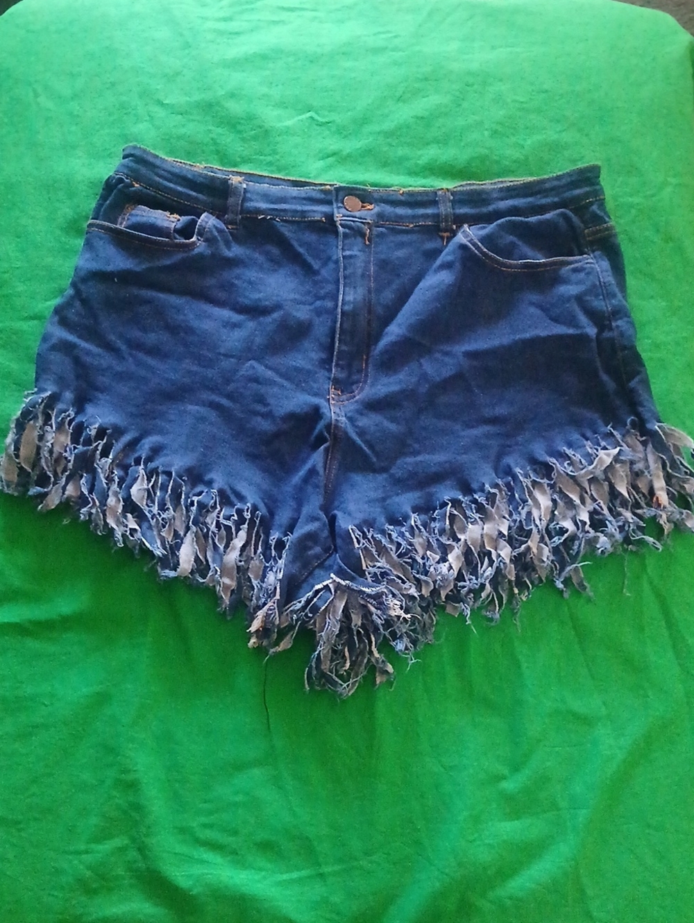 Daisy Distressed Dark Blue Denim Like Fringe Hem Shorts